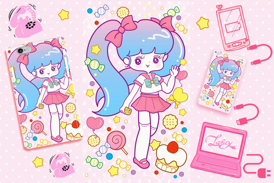 昭和レトロ80年代ゆめかわスマホケース・モバイルバッテリー♡充電器♡黒川リリー